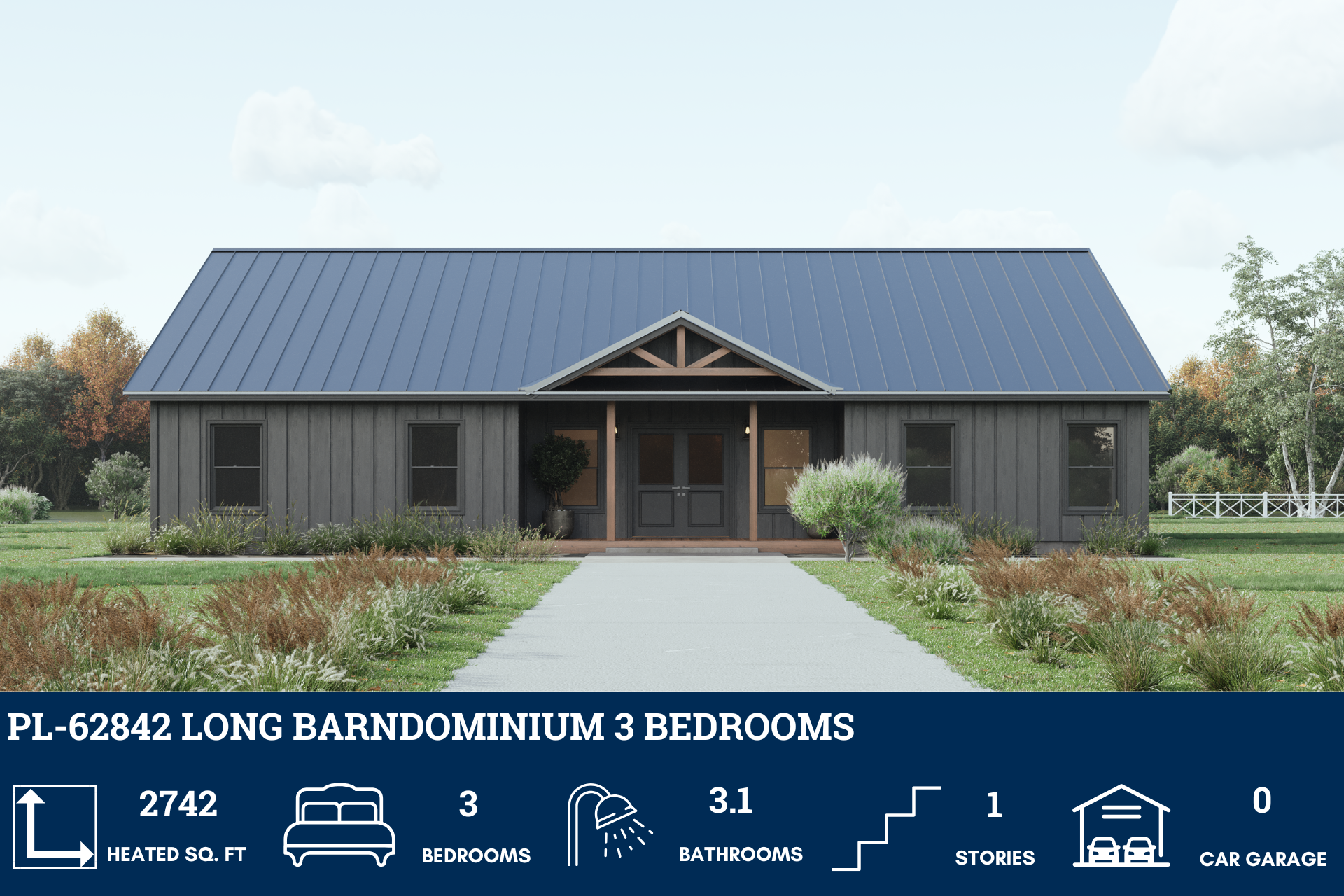 Modern Long Barndominium House Plan PL-62842