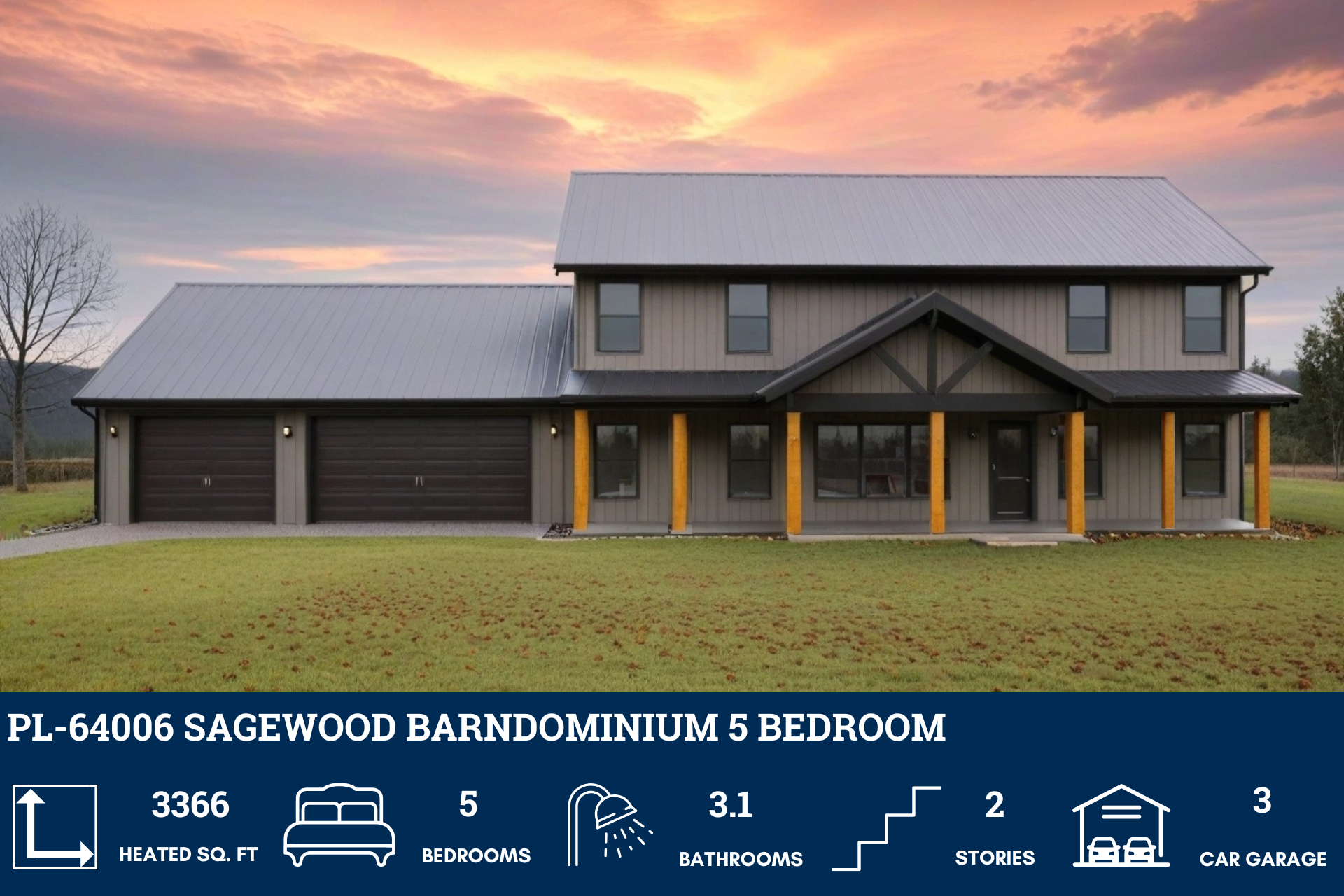 Sagewood Barndominium Plan PL-64006 | Modern Farmhouse Design