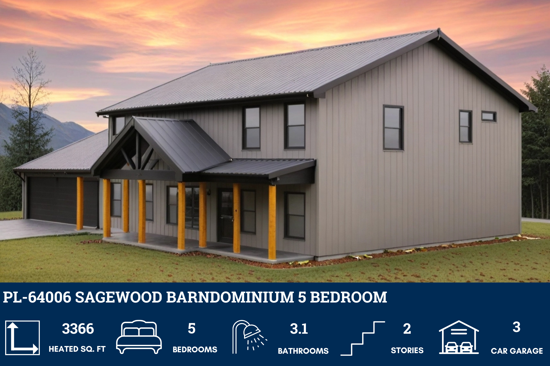Sagewood Barndominium Plan PL-64006 | Modern Farmhouse Design